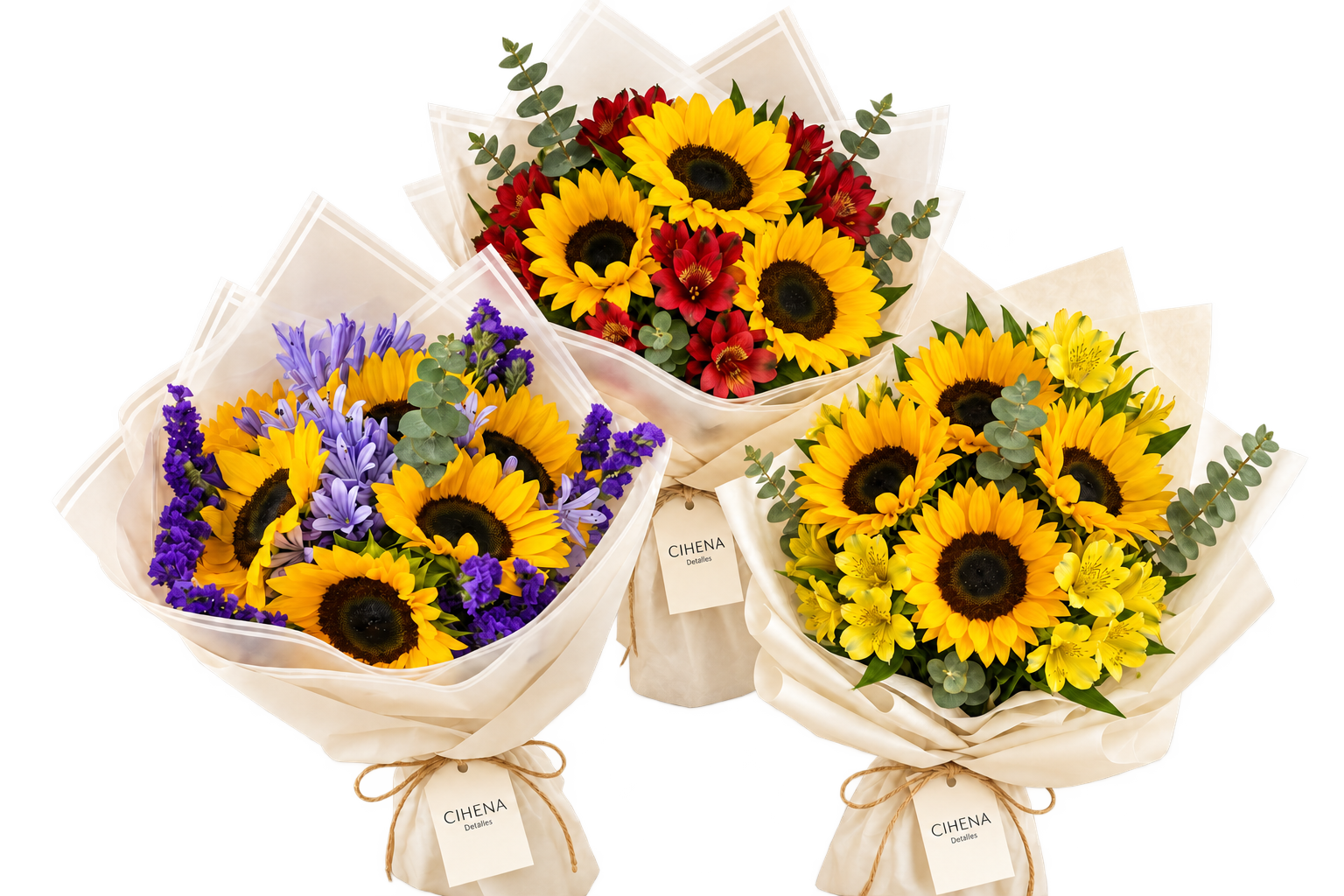 Tres ramos CIHENA de girasoles con flores moradas, rojas y amarillas disponibles a 49 soles